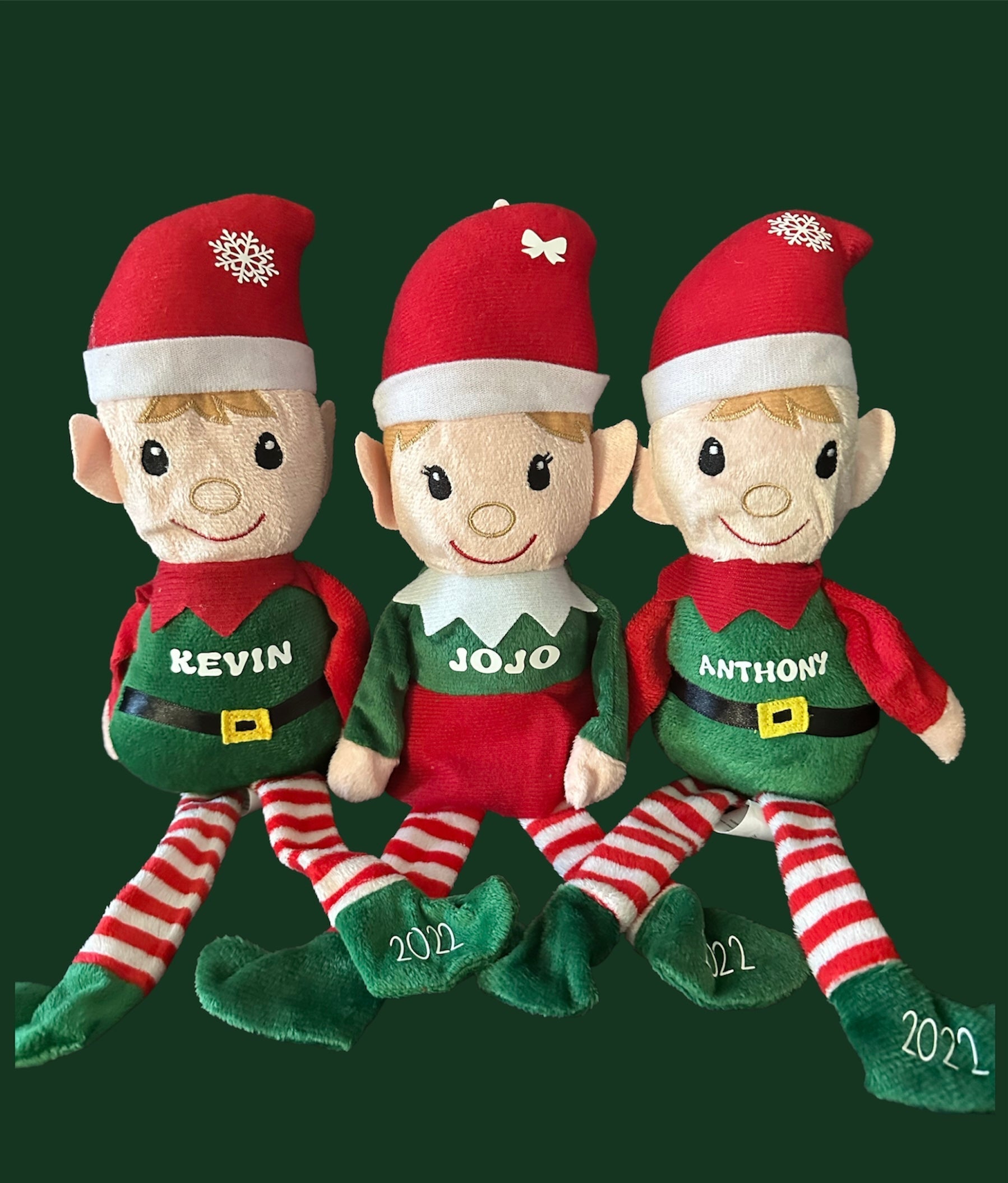 Personalized & Customized Elf, Red and Green Outfit, Striped Stockings, Santa Hat, Boy or Girl with Name and Year - Custom Delight 90 LLC