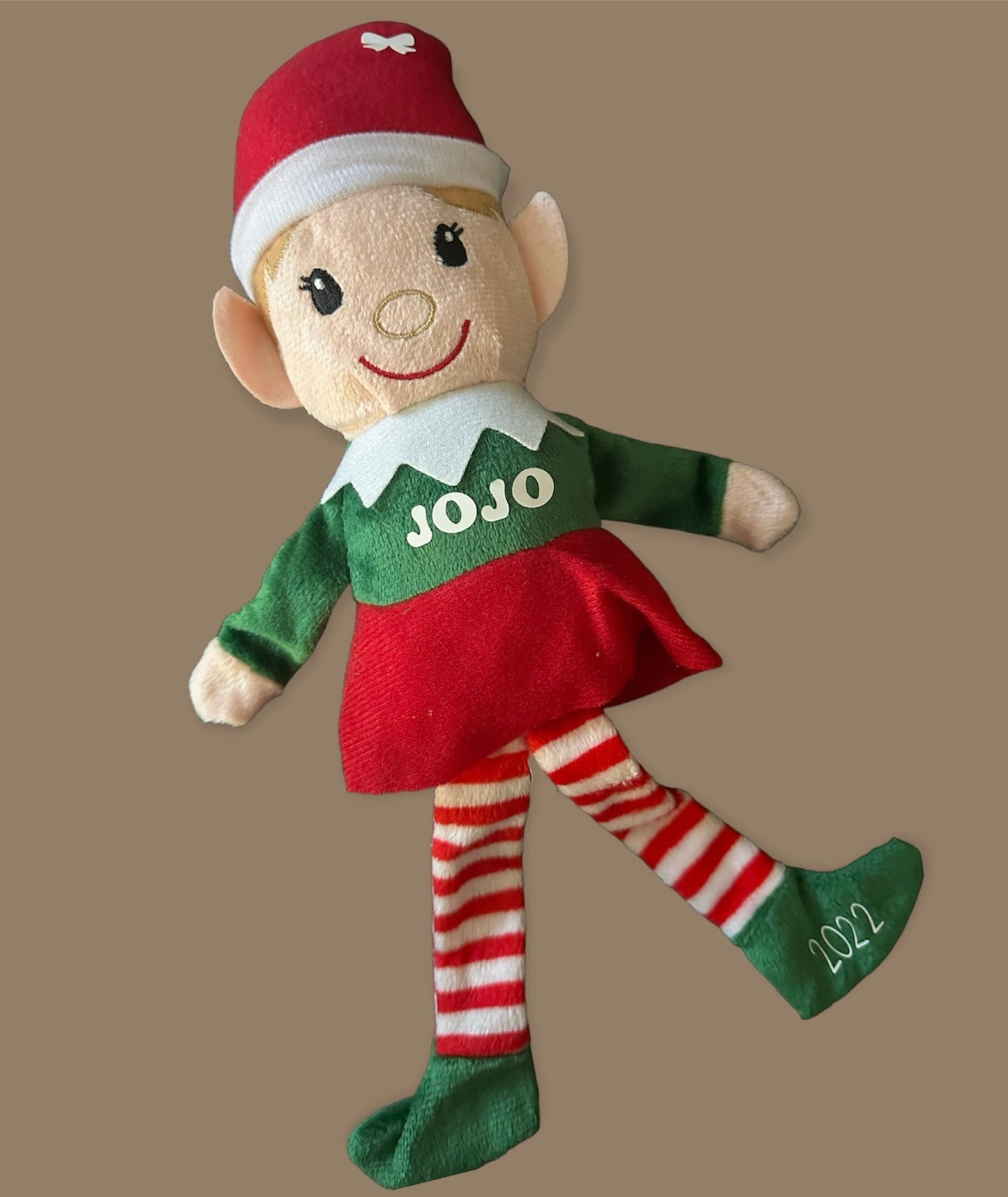 Personalized & Customized Elf, Red and Green Outfit, Striped Stockings, Santa Hat, Boy or Girl with Name and Year - Custom Delight 90 LLC