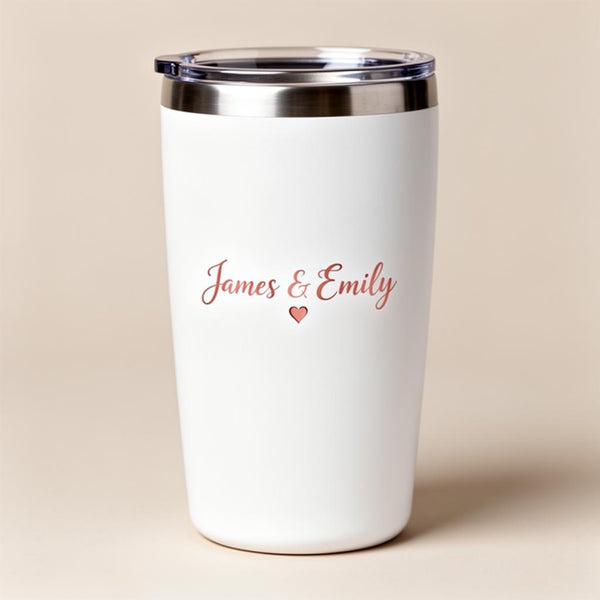 Valentine's Love Tumbler white with James & Emily personalization